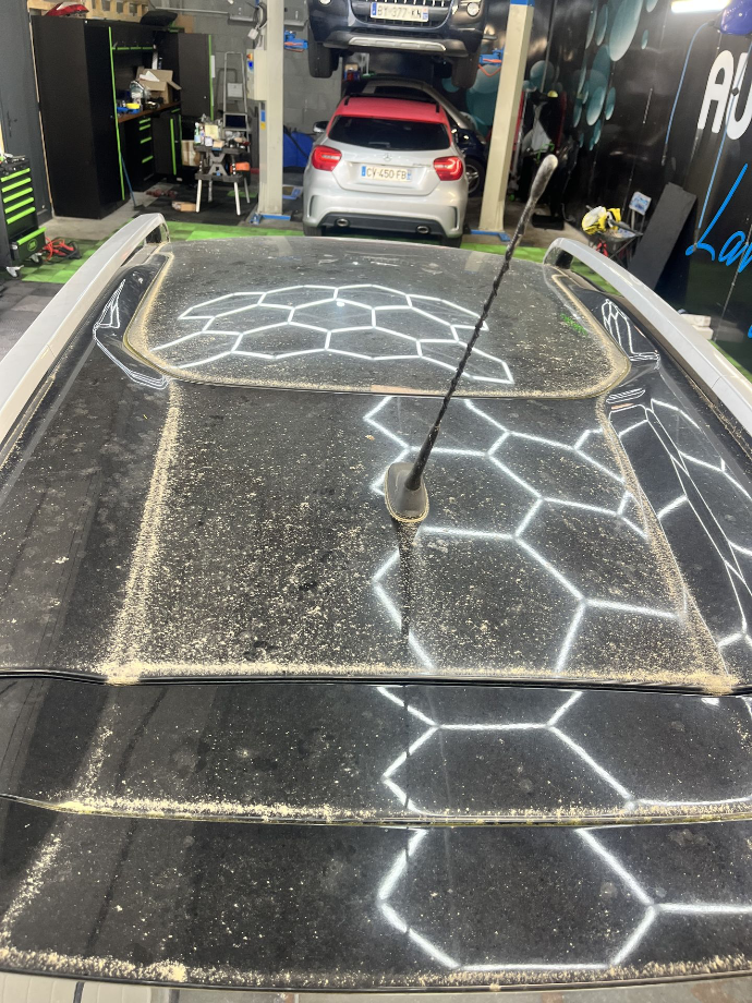 Détail d'une carrosserie fortement encrassée avant lavage auto à Saint-Herblain, avec saletés incrustées et nombreux dépôts accumulés sur la peinture du véhicule.