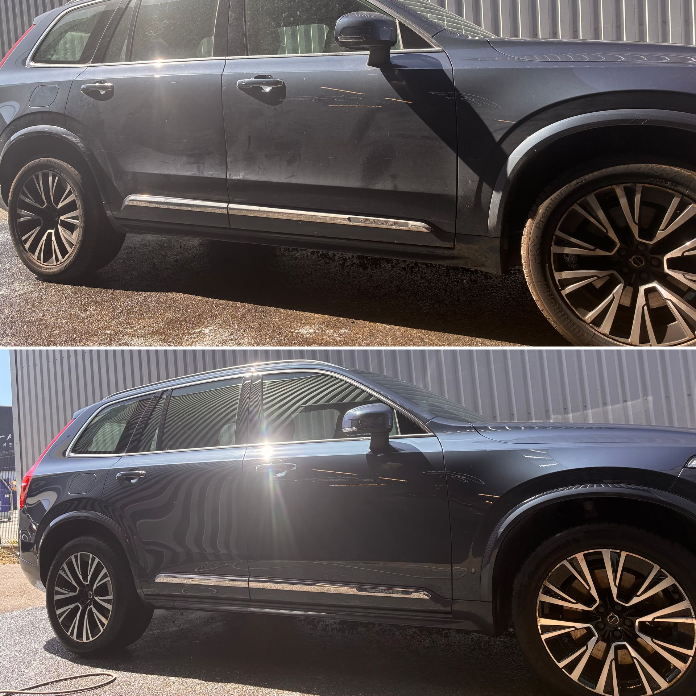 Avant-après du nettoyage extérieur d’un Volvo XC90 avant retour de leasing, réalisé par AutoLavGreen à Saint-Herblain près de Nantes.